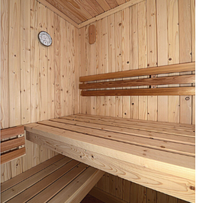 The Bench inside the Almost Heaven Madison 2-3-Person Indoor Sauna