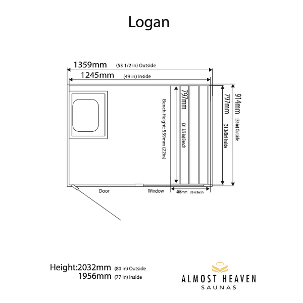 Specific dimensions for Almost Heaven Logan 1-Person Indoor Sauna