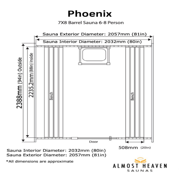 Almost Heaven Phoenix - 6 Person Luxury Barrel Sauna