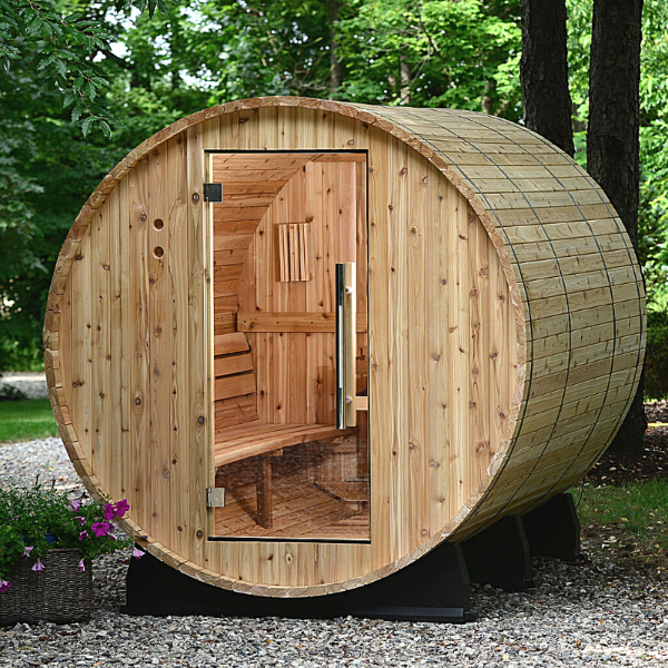 Almost Heaven Princeton 6 Person Standard Barrel Sauna  facing slightly right with a background