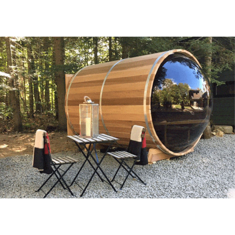 Dundalk Leisure Craft Panoramic View Cedar Barrel Sauna with 2' porch & 2 Windows in Front Wall