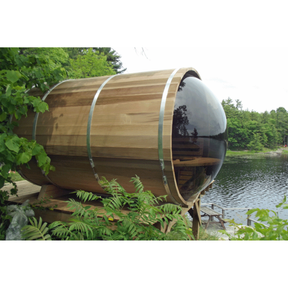 Dundalk Leisure Craft Panoramic View Cedar Barrel Sauna with Wood Burning Stove, Heat Shields, 2' porch & 2 Windows in Front Wall
