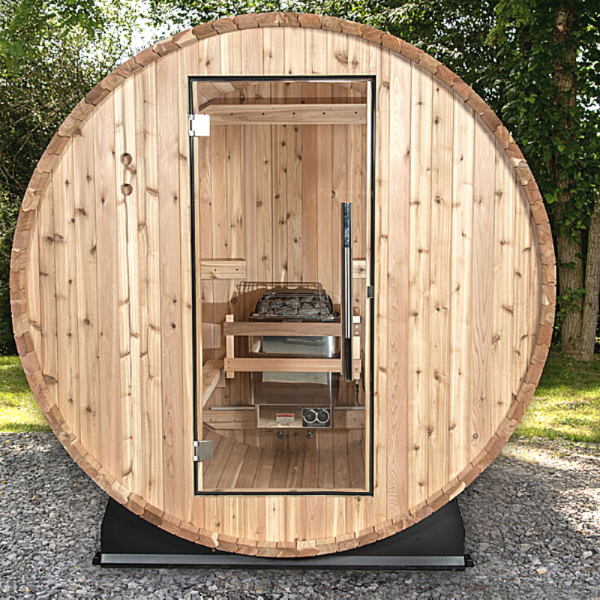 Almost Heaven Watoga 4-Person Standard Barrel Sauna facing front with a background