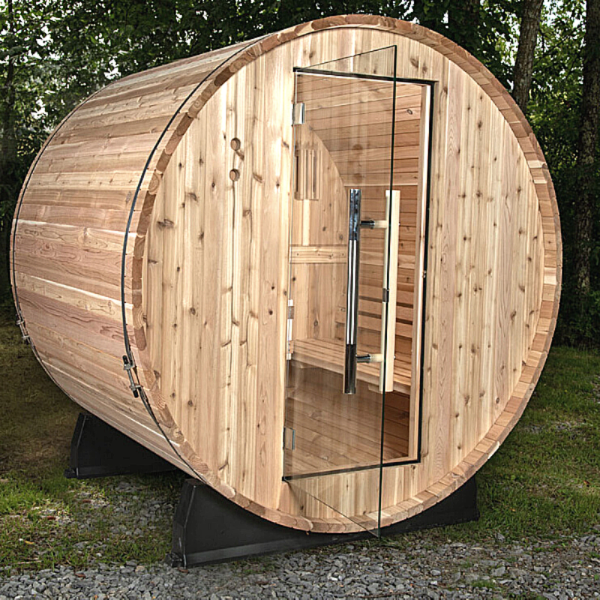 Almost Heaven Watoga 4-Person Standard Barrel Sauna facing slightly right with a background