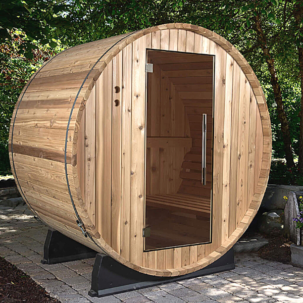 Almost Heaven Watoga 4-Person Standard Barrel Sauna facing slightly right with a background