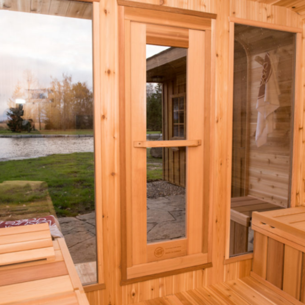 Dundalk Leisure Craft Outdoor Luna Sauna with Wood Burning Heater, Heat Shield & 2' Lounge Sauna Porch - My Sauna World