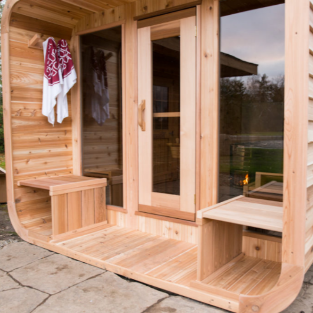 Dundalk Leisure Craft Outdoor Luna Sauna with Wood Burning Heater, Heat Shield & 2' Lounge Sauna Porch - My Sauna World