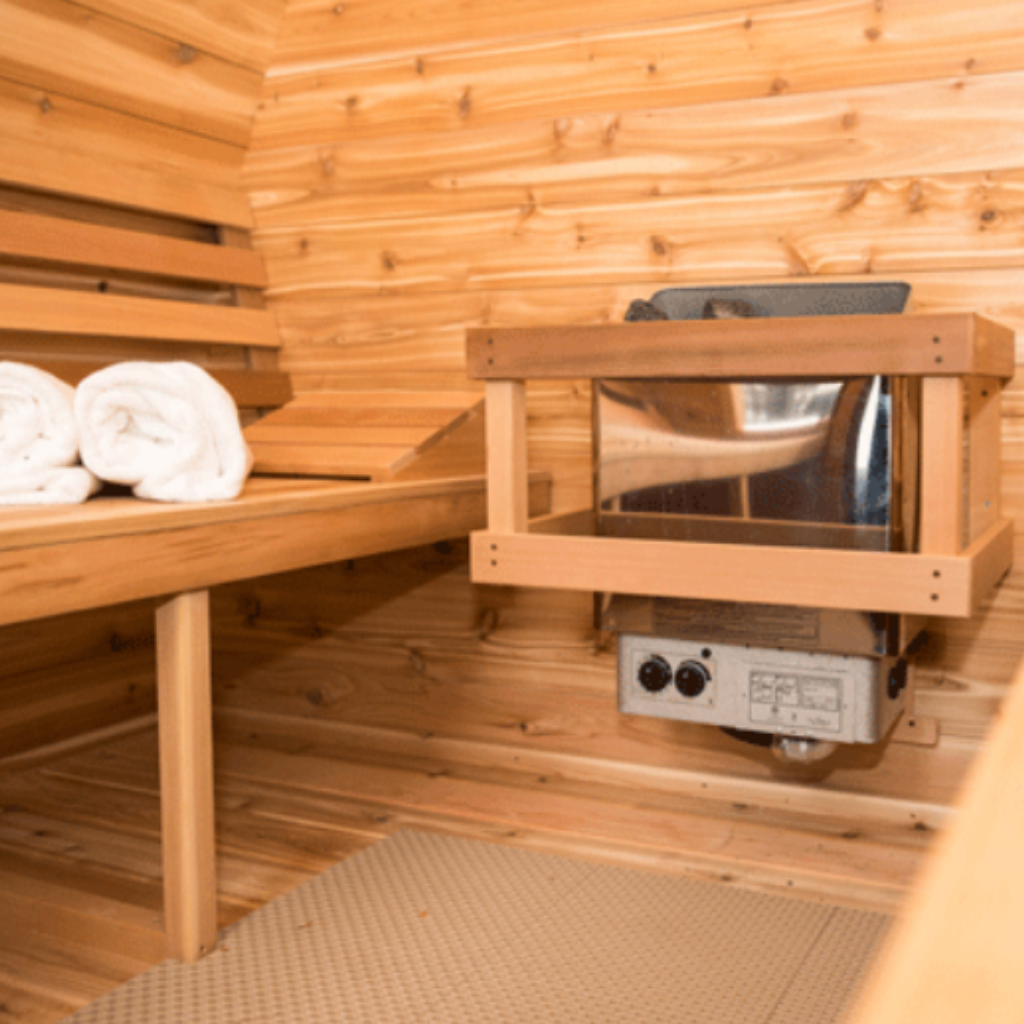 Dundalk Leisurecraft Knotty Cedar POD Sauna with 2' Porch, Bevel Siding, & 2 Front Windows - My Sauna World