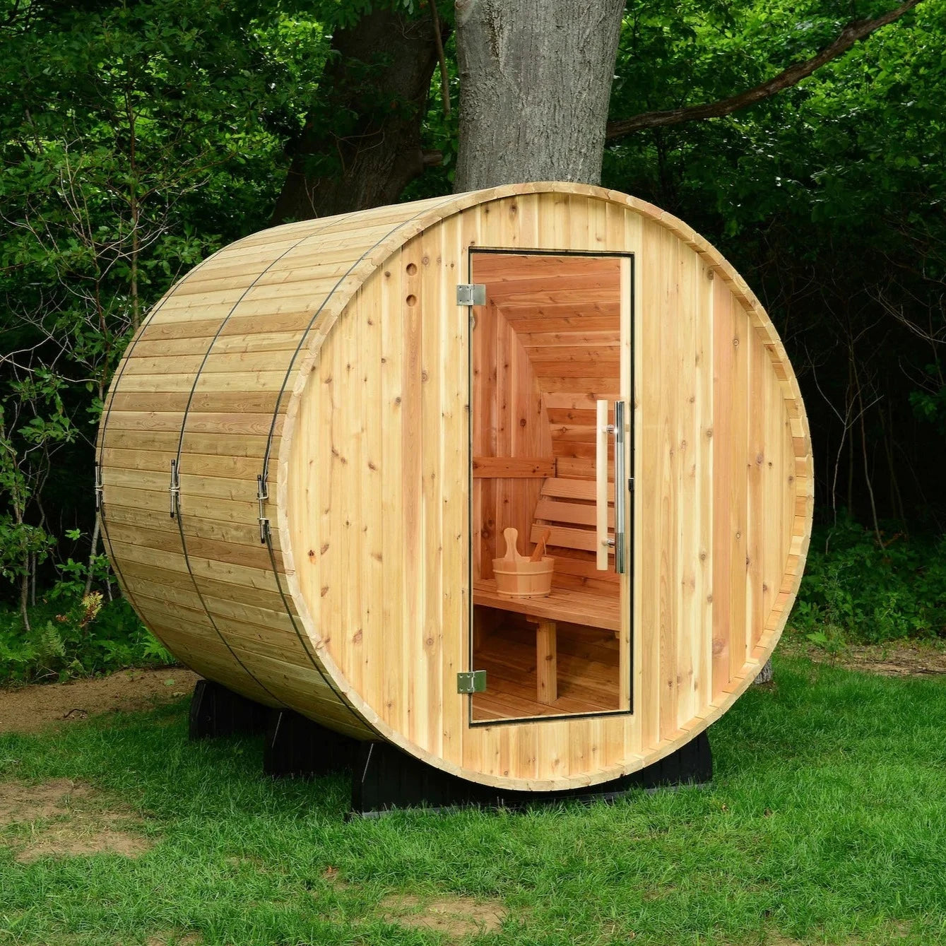 Almost Heaven Essex 4 Person Standard Barrel Sauna with background